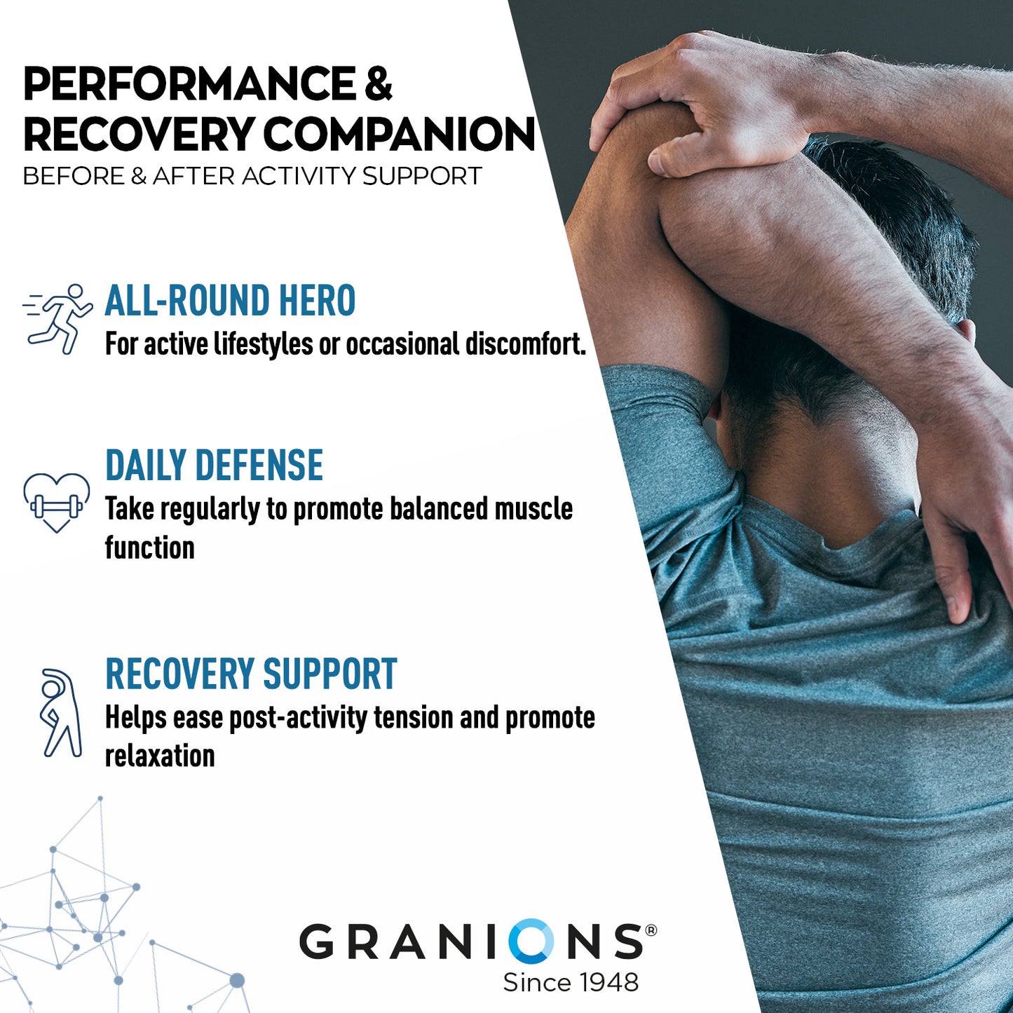 Advertisement for Granions performance and recovery supplement with a person stretching and text about product benefits.