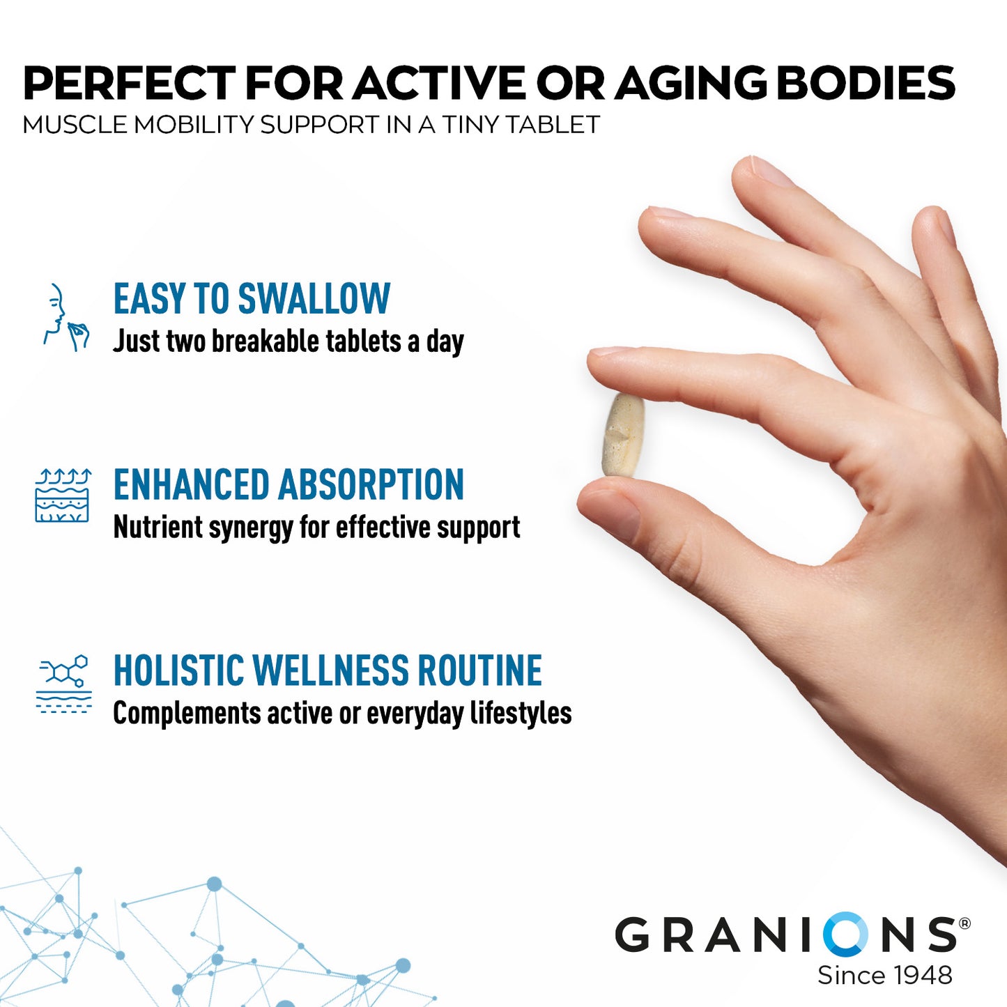 Hand holding a tablet with product features and Granions branding on a white background