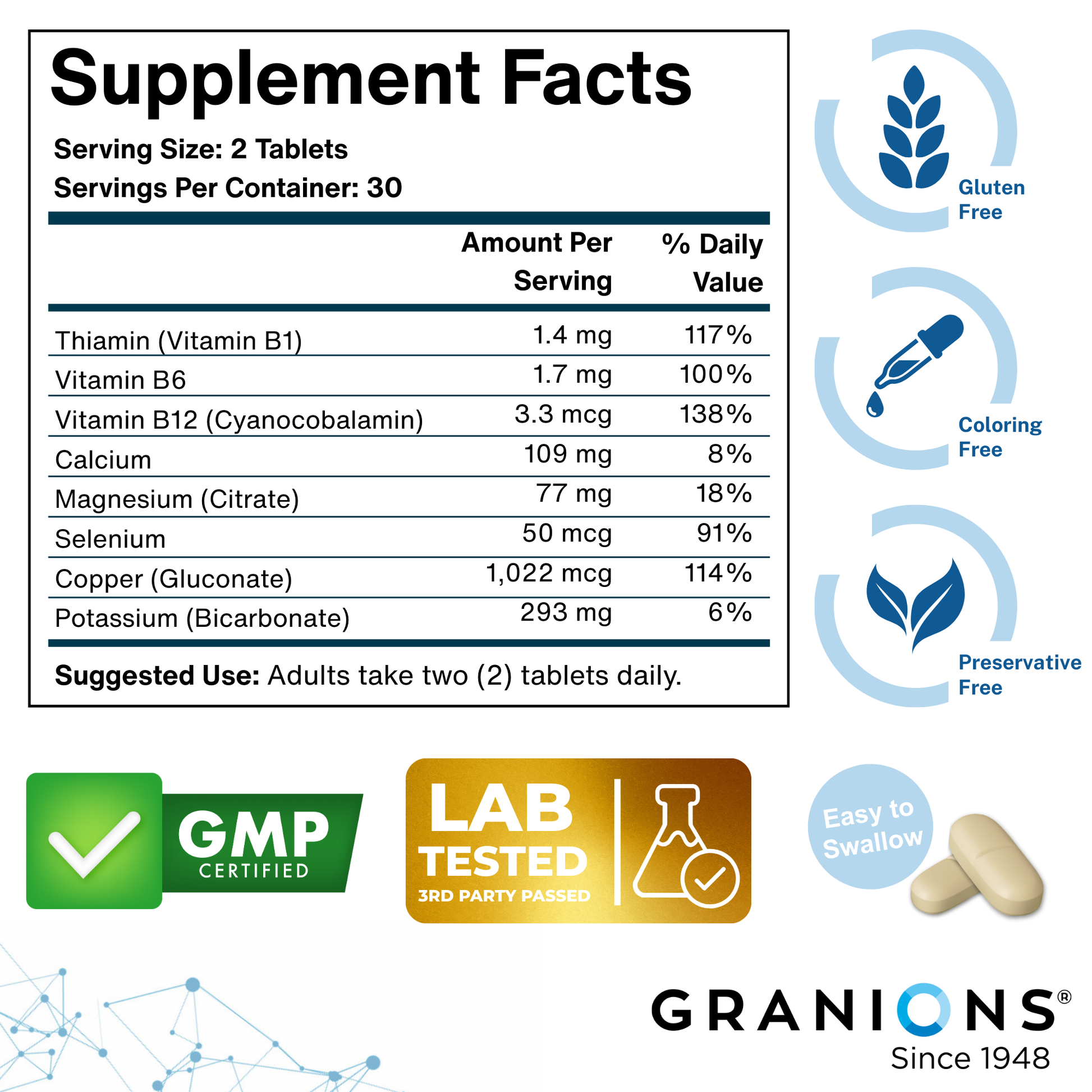 Supplement facts label with nutritional information and certification logos for Granions brand.
