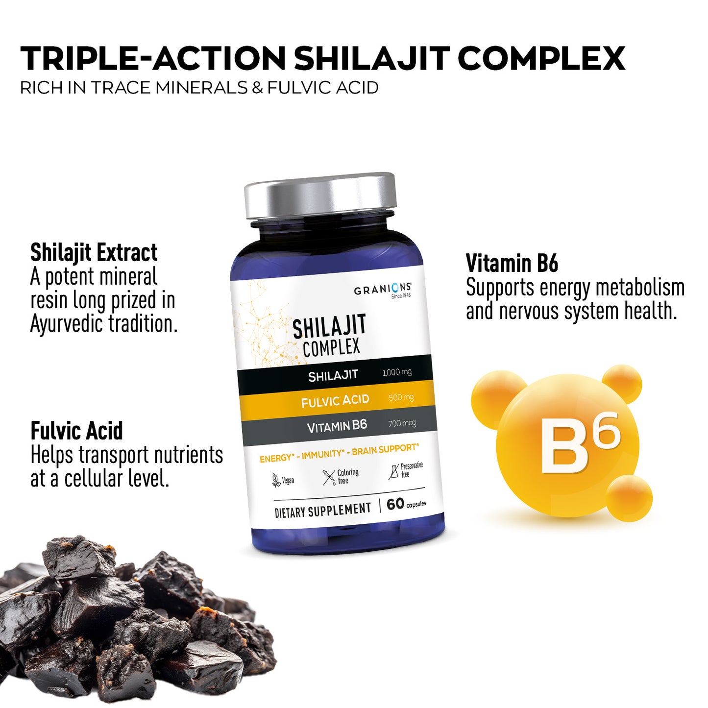 Supplement bottle labeled 'Shilajit' with text about its ingredients and benefits on a white background.