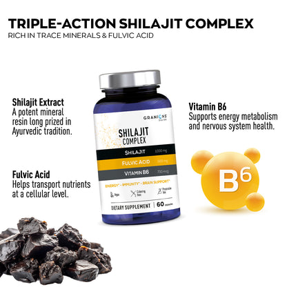 Supplement bottle labeled 'Shilajit' with text about its ingredients and benefits on a white background.