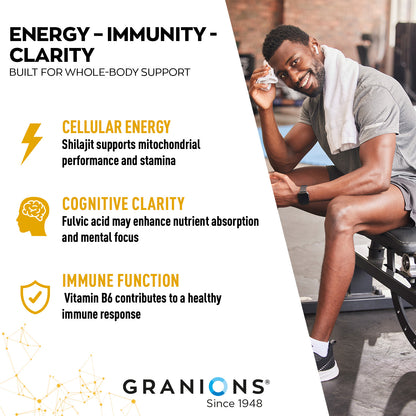 Advertisement for Granions with a man sitting on a bench outdoors, featuring text about energy, immunity, and clarity.