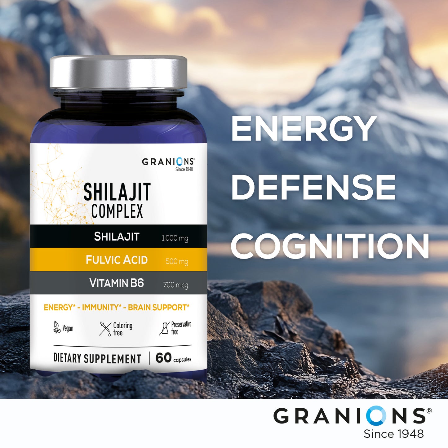 Supplement bottle labeled 'Shilajit Complex' by Granions with mountainous background